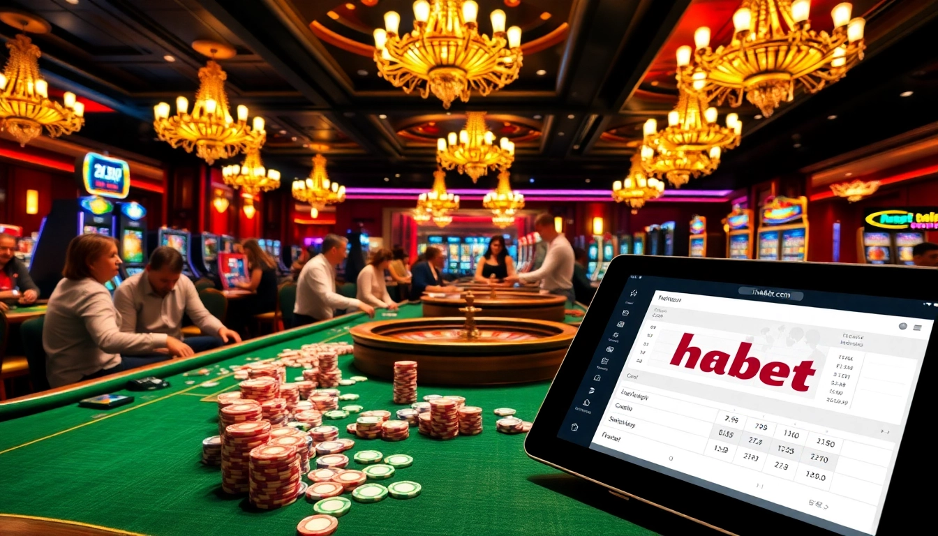 Players enjoying thrilling casino games at thabet com with vibrant slot machines and roulette tables.