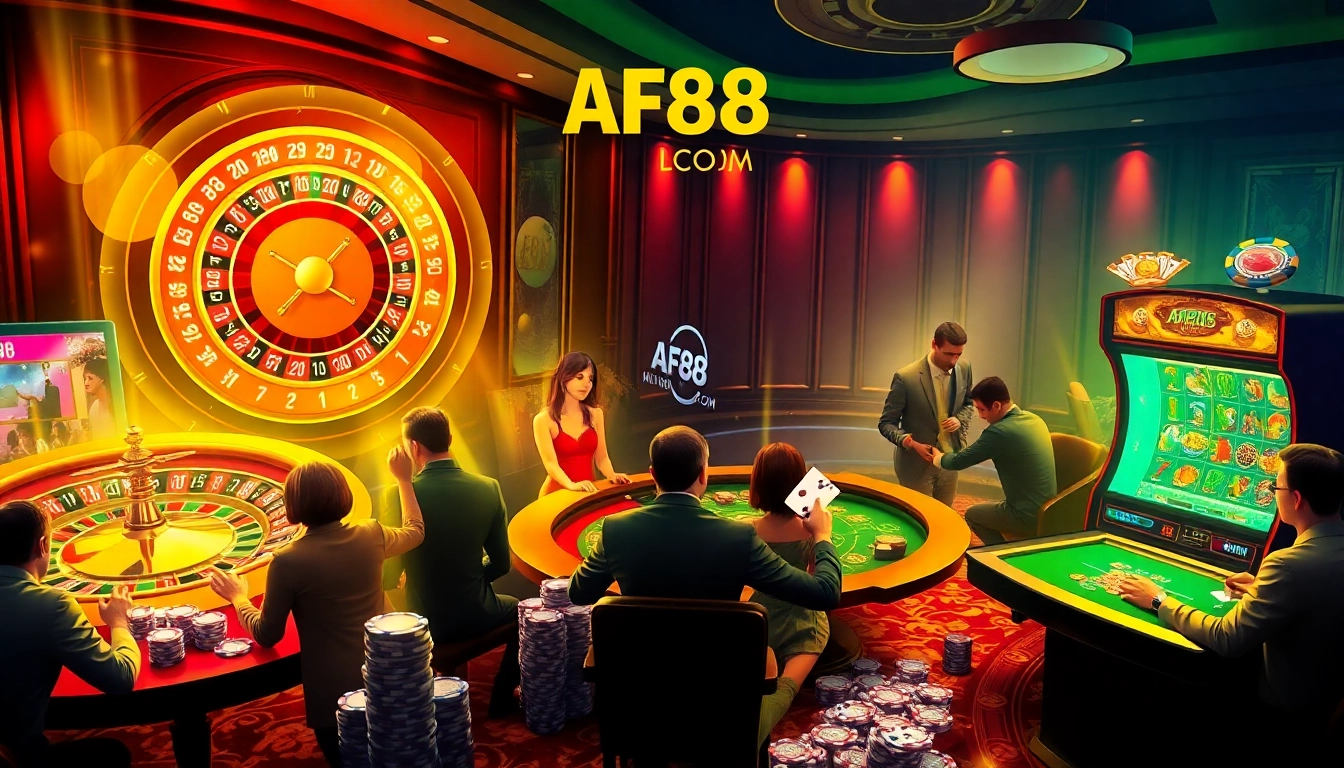 Exciting casino scene featuring roulette, poker tables, and slot machines at AF88 COM.