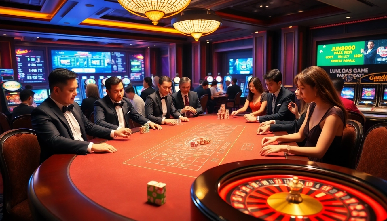 Experience thrilling baccarat gameplay at jun888 with vibrant casino scenes and professional dealers.