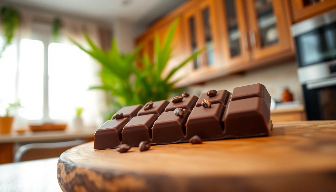 Indulge in chocolate edibles 1000mg showcased on a wooden platter with cacao nibs.
