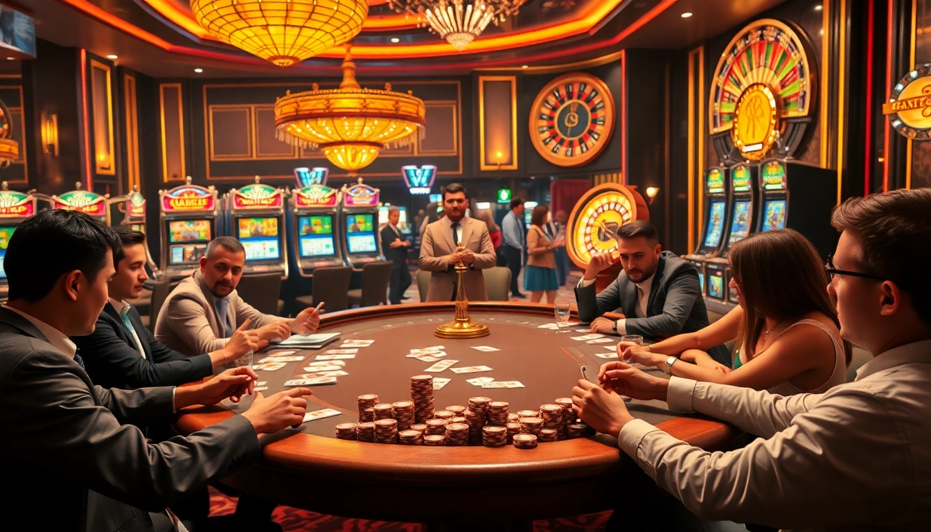 Players engage in a thrilling poker game at a top club casino, surrounded by vibrant slot machines and a roulette wheel.