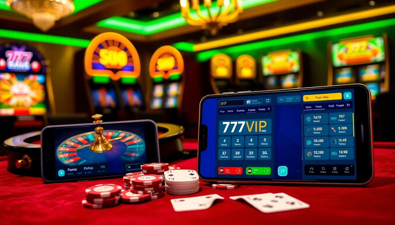 Experience the excitement of the 777VIP Bet App with vibrant casino elements like poker chips and a roulette wheel.