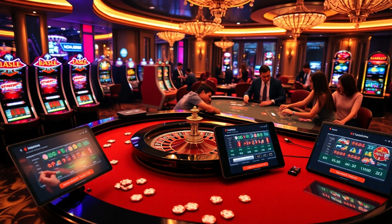 Engaging players at https://nova8886.com/ in a luxurious casino atmosphere with roulette and poker.
