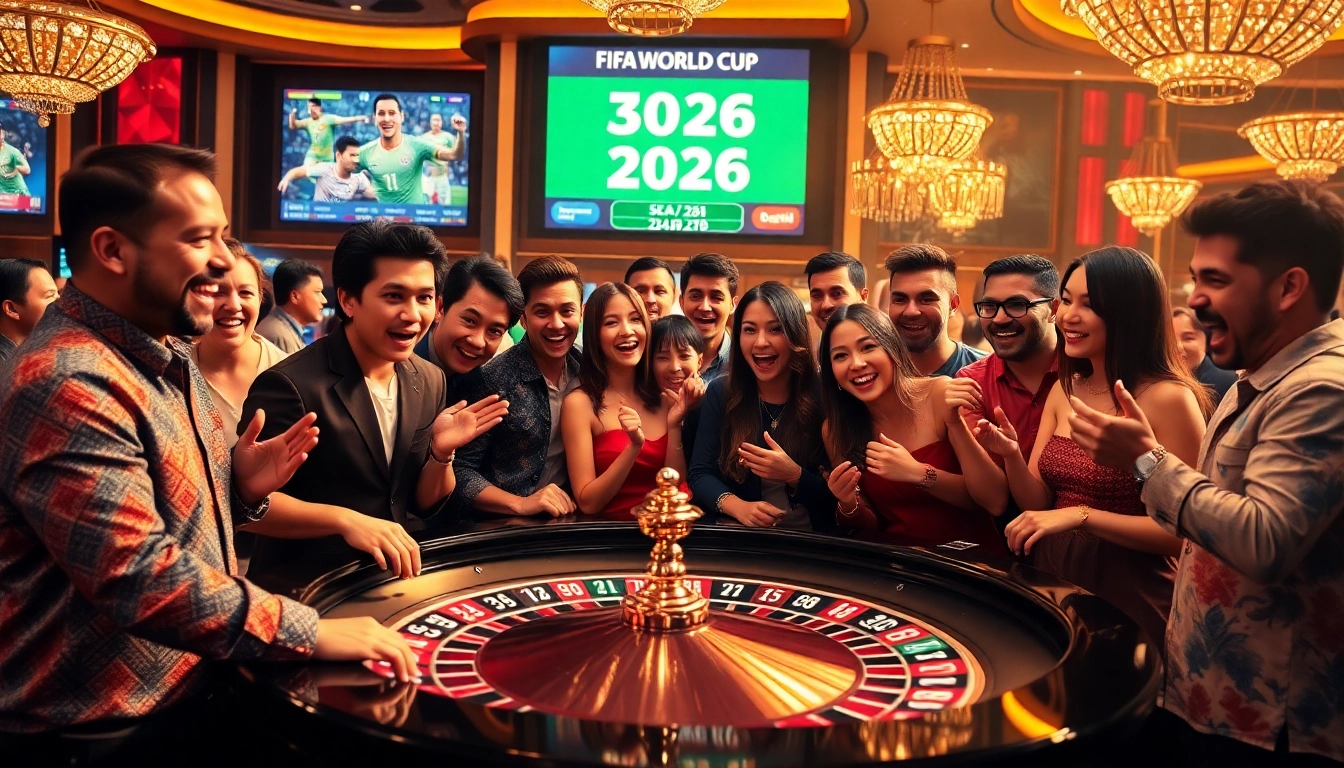 Experience แทงบอลโลก thrilling moments at a vibrant casino with live betting action and excited gamblers.