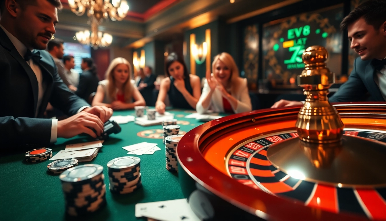 Experience the excitement of EV88 nét with vibrant poker chips and a spinning roulette wheel in a luxurious casino.