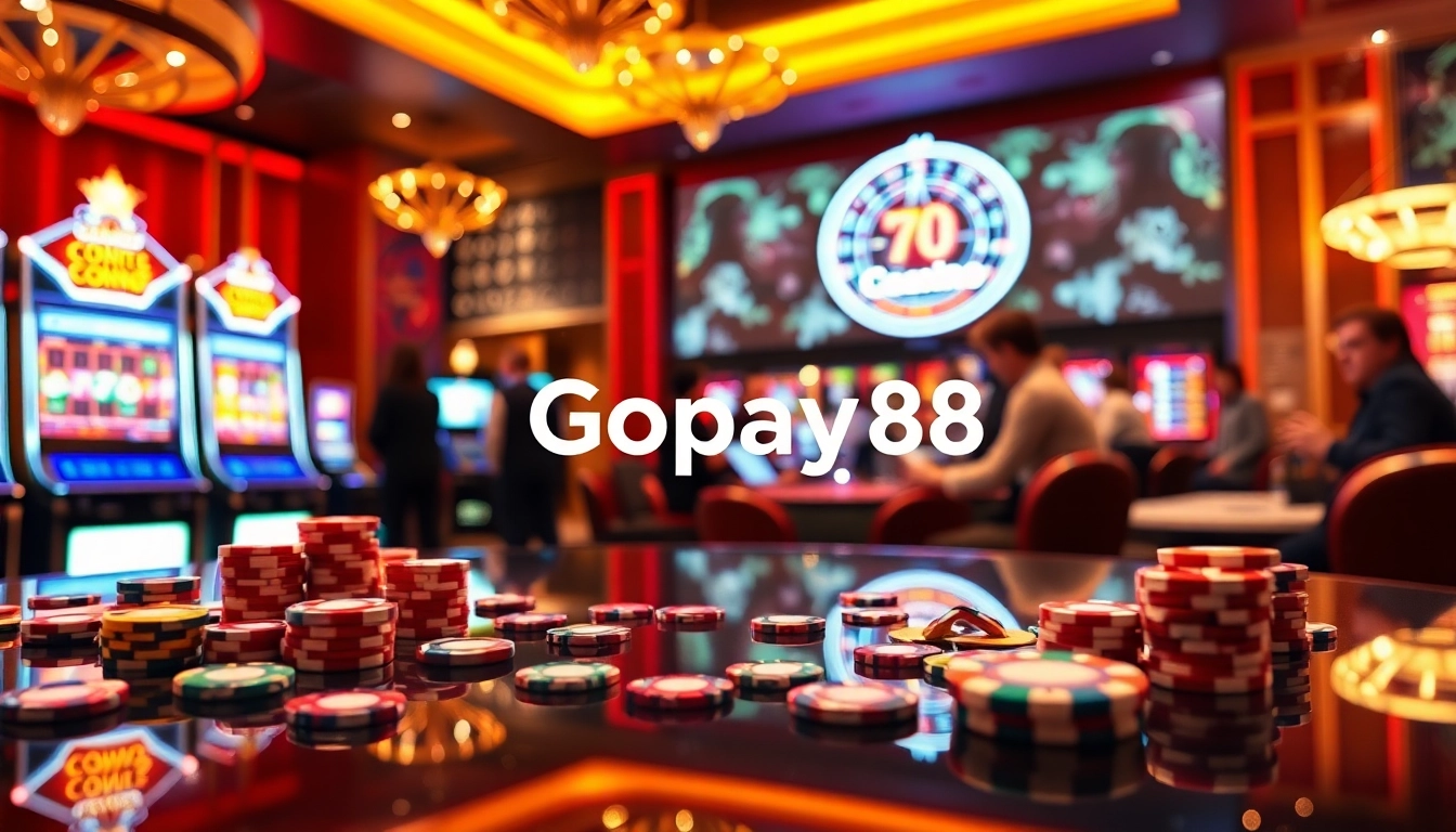 Engage with Gopay88 online gambling experiences at a vibrant casino table filled with chips and slots.