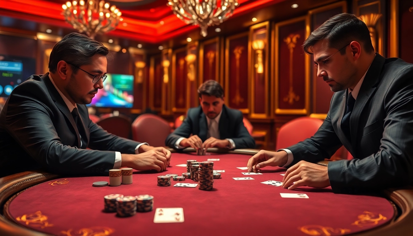 Experience sbobet login excitement at a luxury poker table with engaged players in a vibrant casino scene.