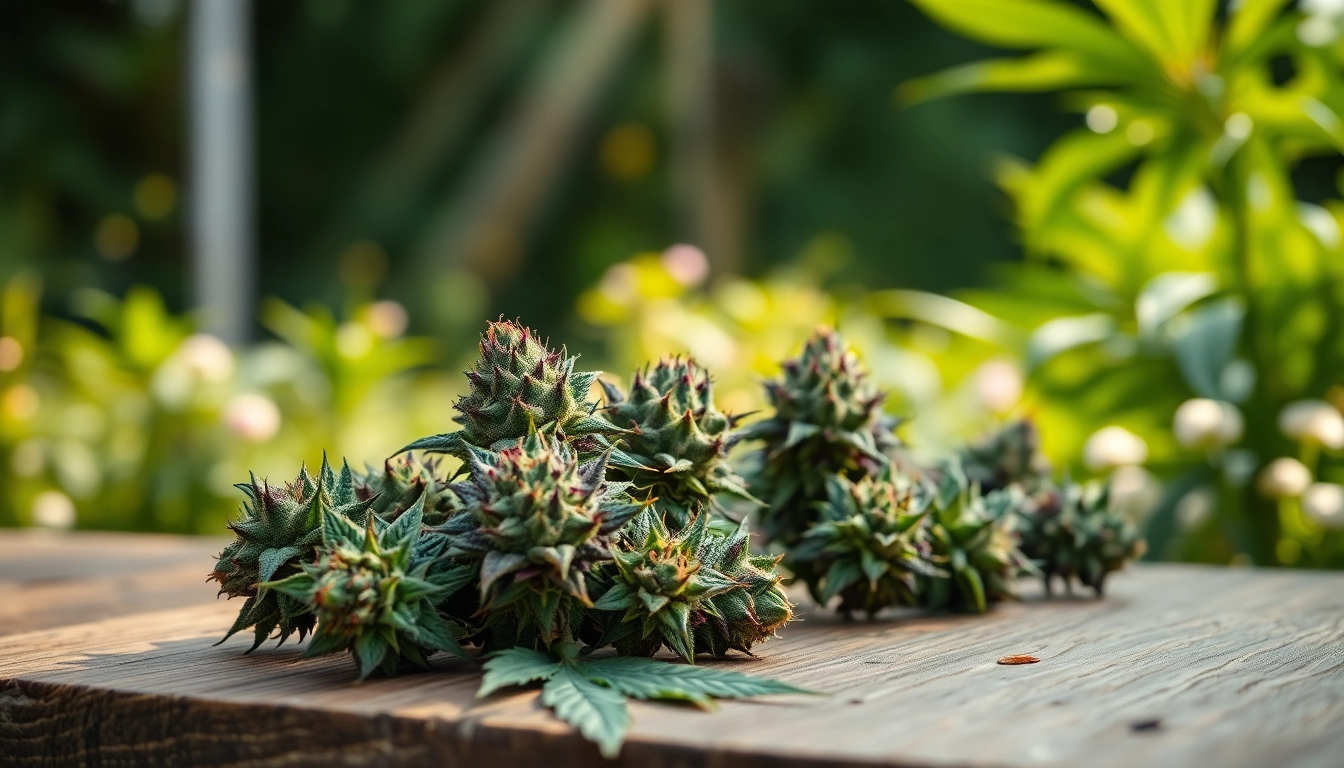 Showcasing vibrant cannabis buds from https://cannacity.net/buds on a rustic table amidst natural lighting.