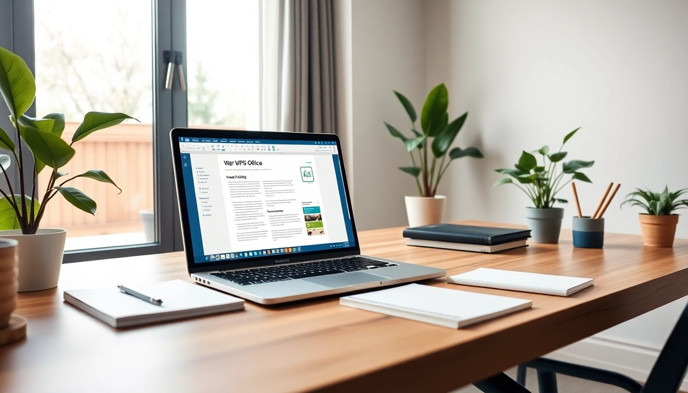 在现代工作区的笔记本电脑上显示 WPS Office，周围有植物和文具。