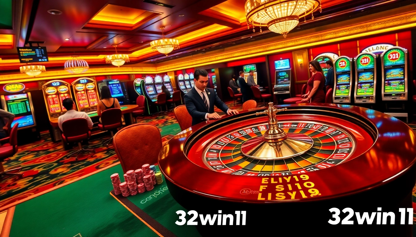 Excited players engaging with the roulette table at 32win11 casino, showcasing luxury and thrill in gambling.