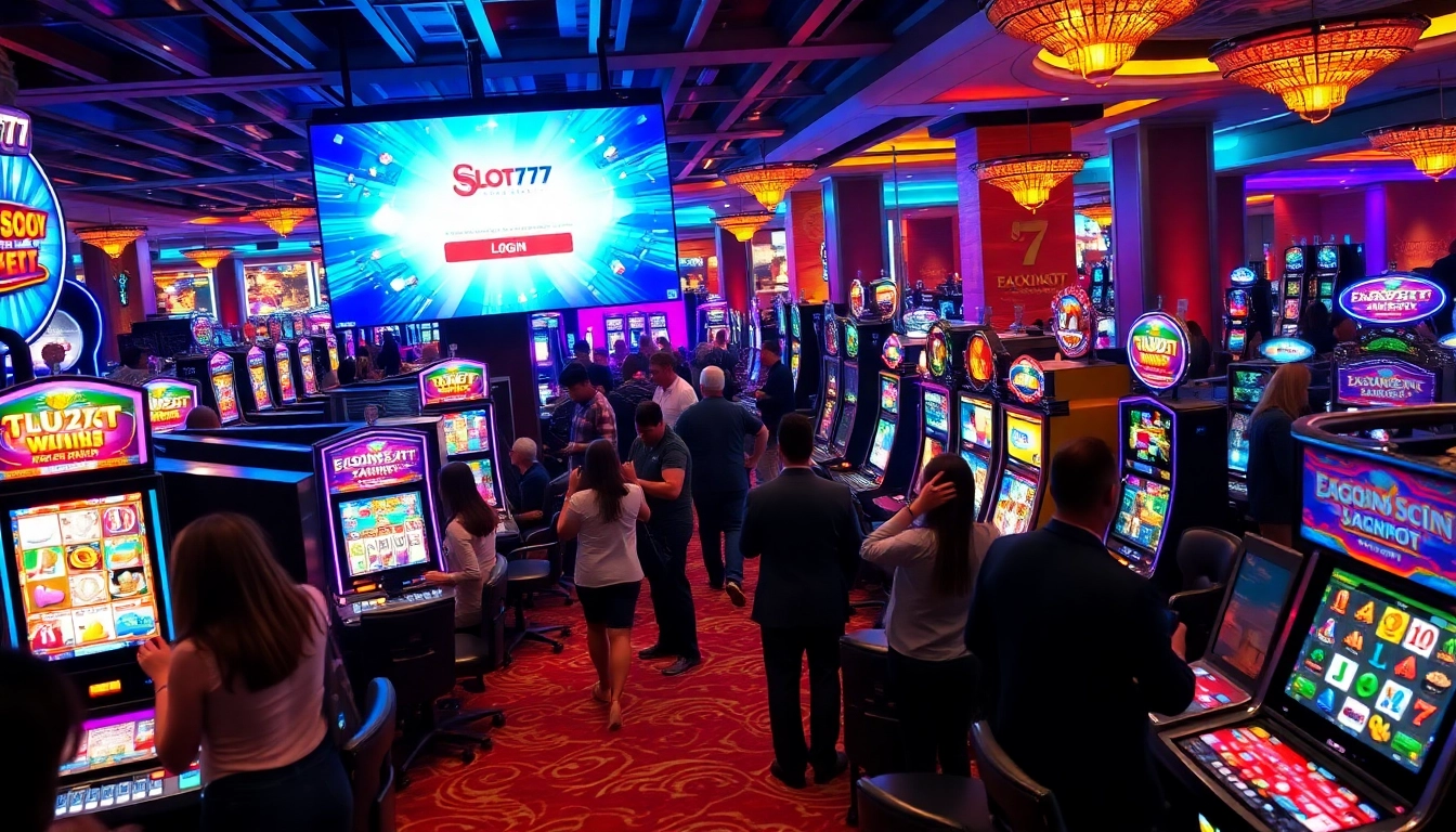 Engage with slot777 login at a luxurious casino filled with vibrant slot machines and players celebrating wins.