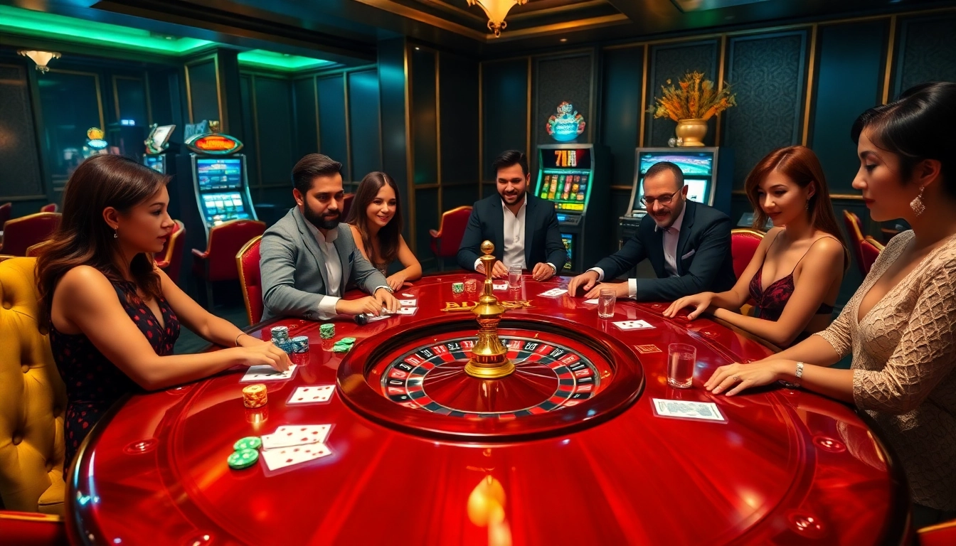 Engaging gamblers at a vibrant k9k9-themed casino table with poker chips and cards.