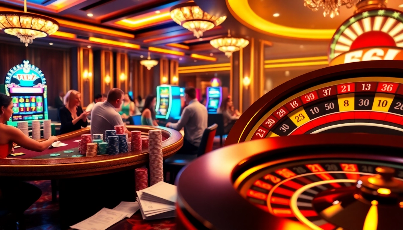 Số Đỏ 66 - Excited players at a luxurious poker table with chips and cards in a vibrant casino.