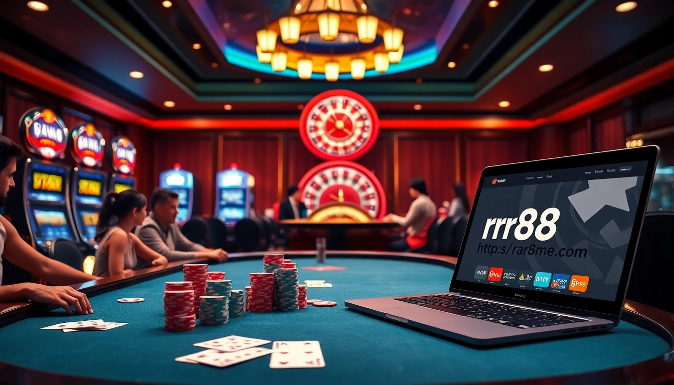 Engaged players at a poker table with https://rr88me.com/ visible on an online gaming interface, reflecting casino excitement.