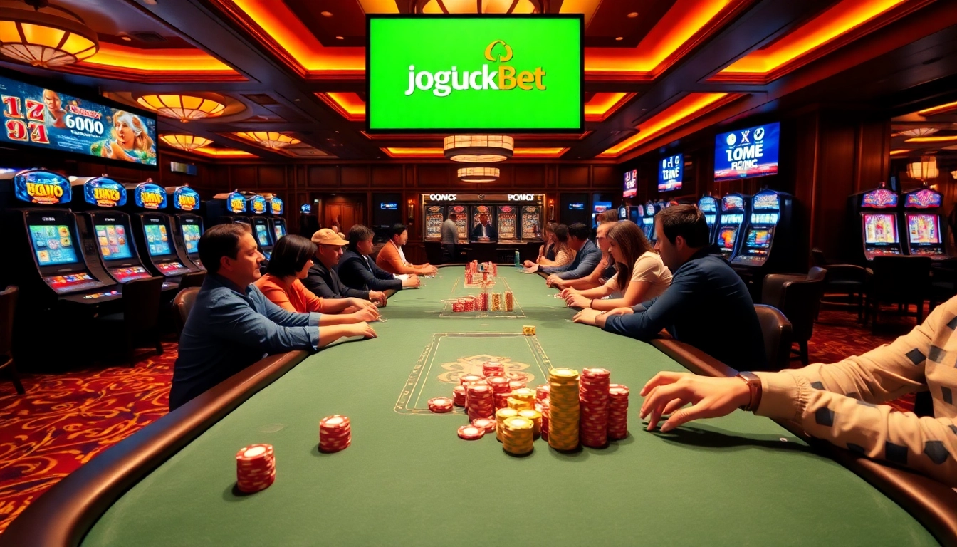 Experience the excitement of Jogoluck Bet at a lively casino poker table with colorful chips.