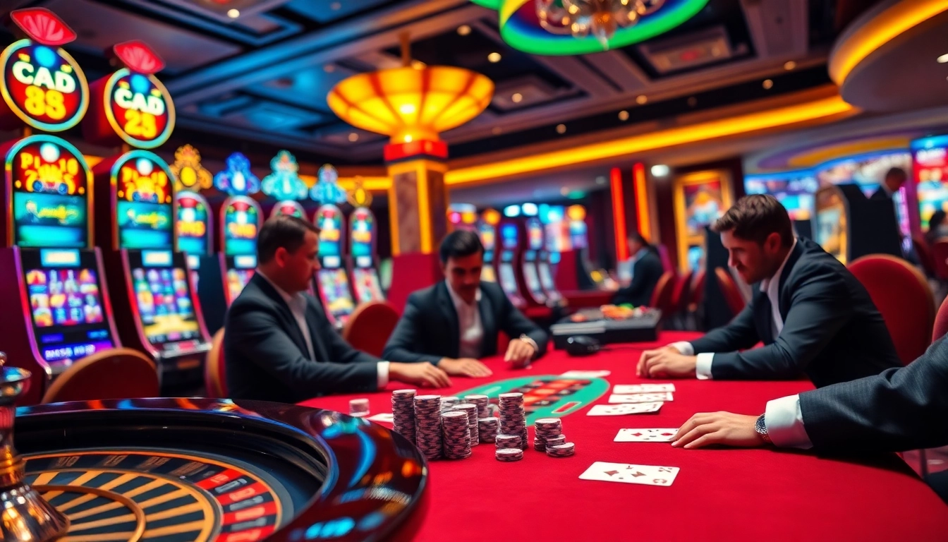 Engaging high-stakes poker action at https://rr88co.net/ with colorful casino lights and rich decor.