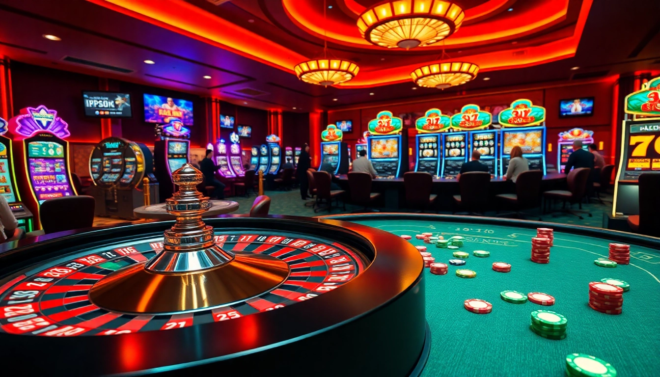 Exciting kp88 casino scene with roulette wheel, vibrant slot machines, and enthusiastic players