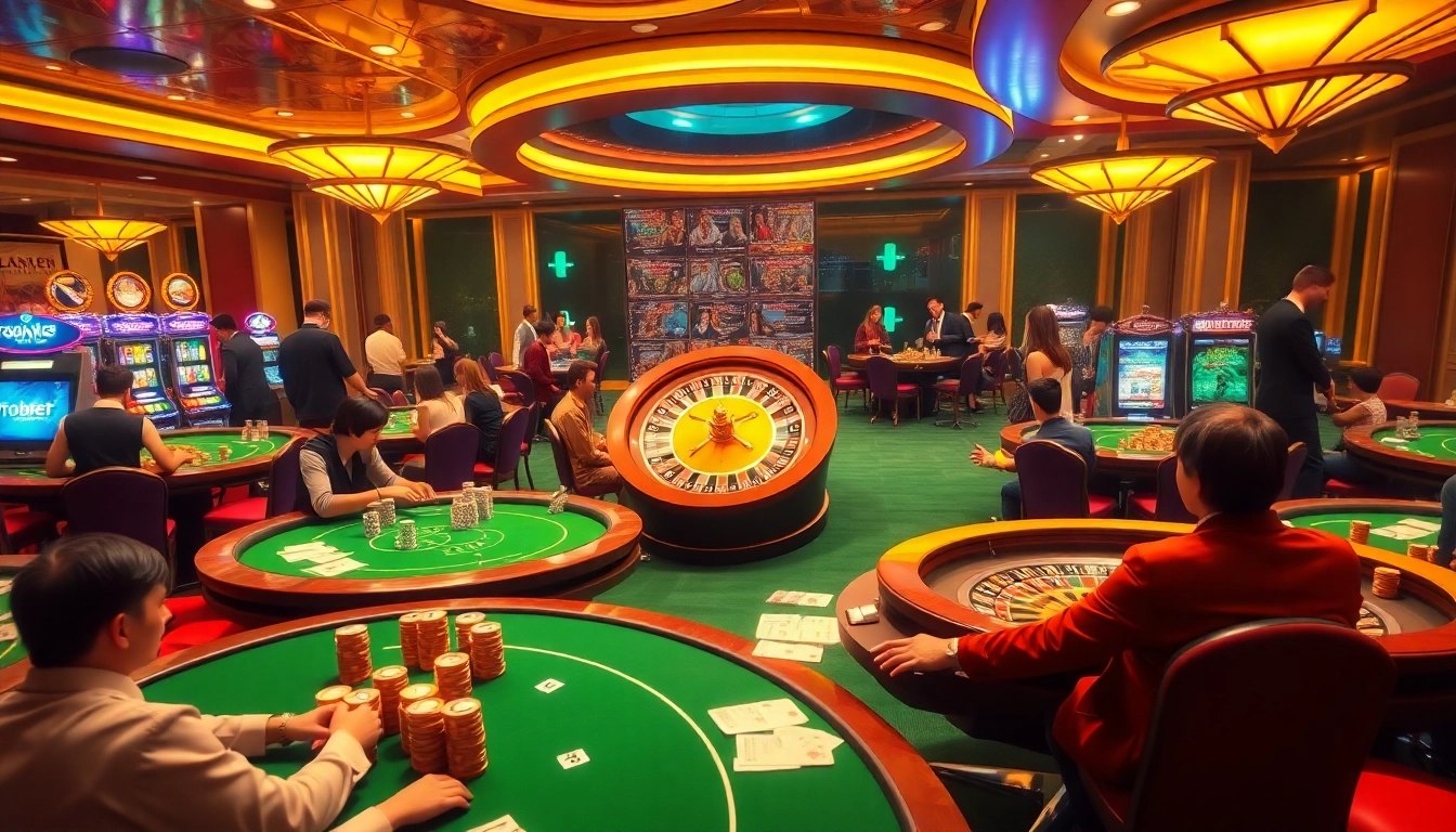 A vibrant gaming scene showcasing the excitement of nhà cái tobet88 with poker tables, roulette, and slot machines.
