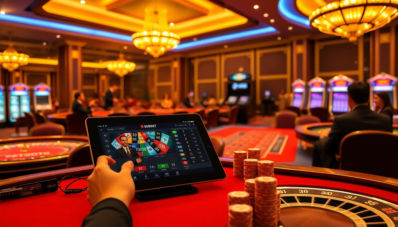 Sbobet online gambling interface in a luxurious casino environment with players engaged in betting.