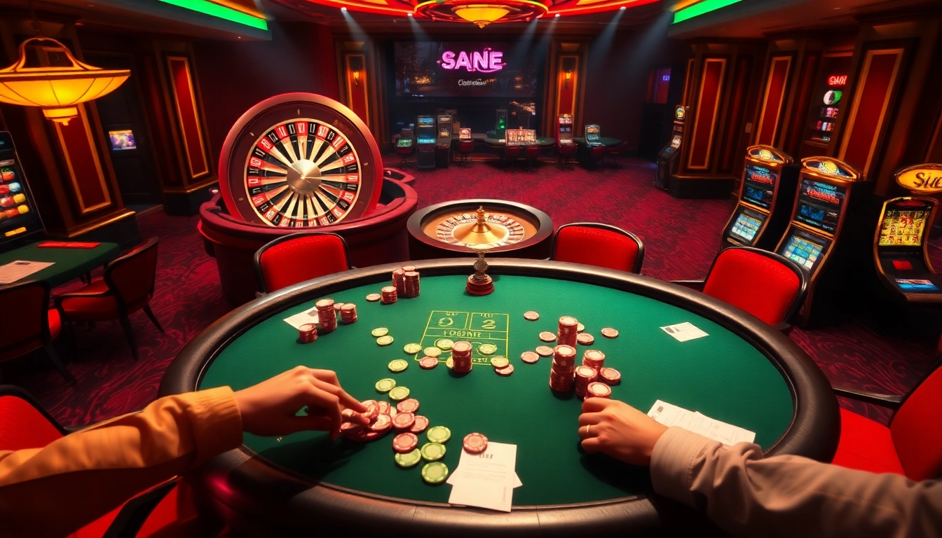 Register your bets in a glamorous casino atmosphere featuring poker tables and roulette wheels.