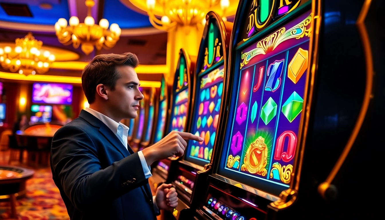 Engaging player at the Oxplay login slot machine in a vibrant casino setting.