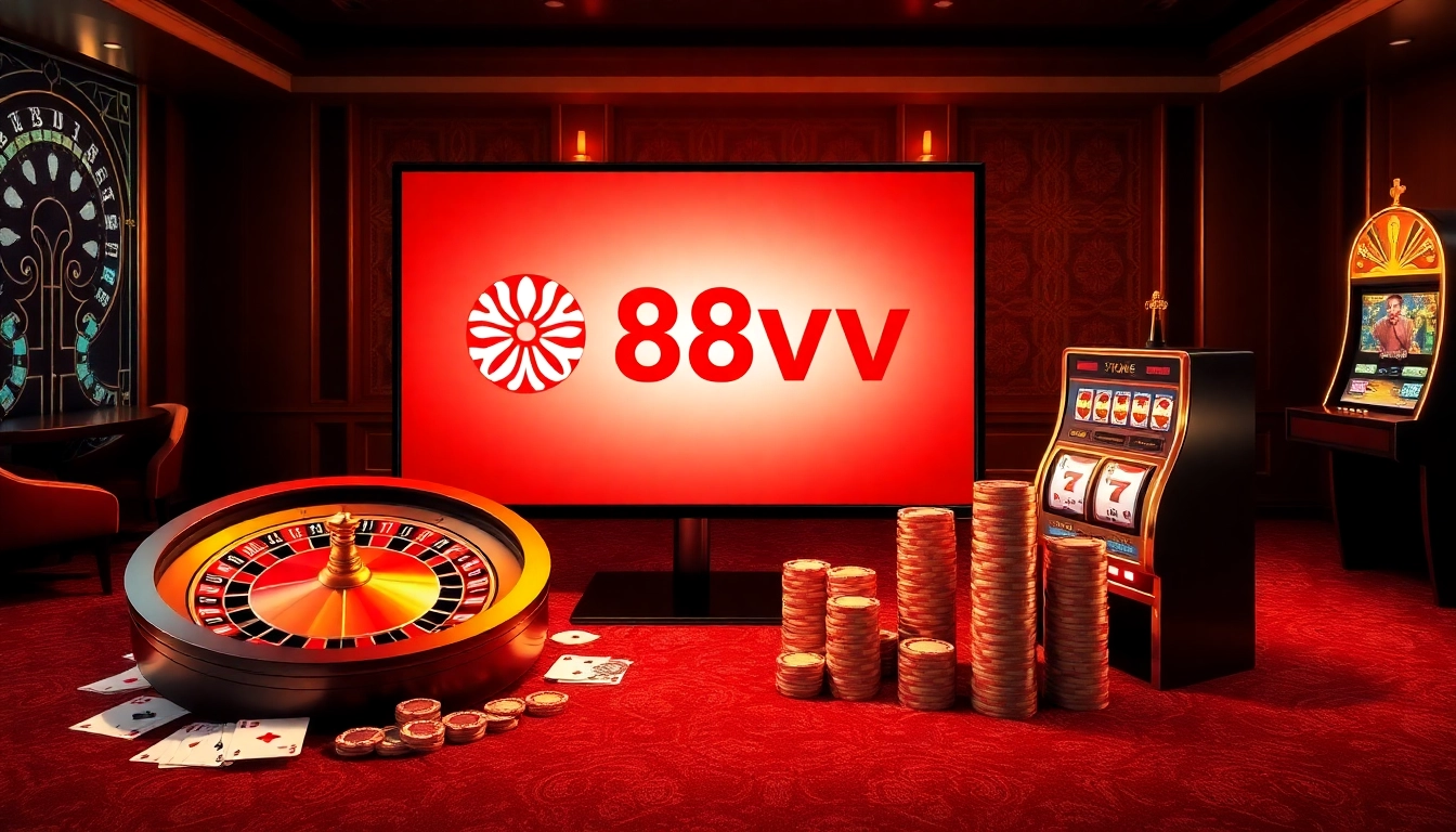 Experience excitement at 88vv with a dynamic casino scene featuring roulette and poker action.