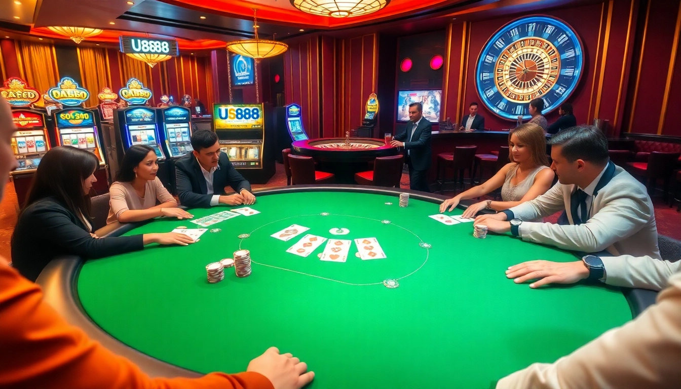 Players enjoy a thrilling poker game at the U888 casino table, surrounded by excitement.