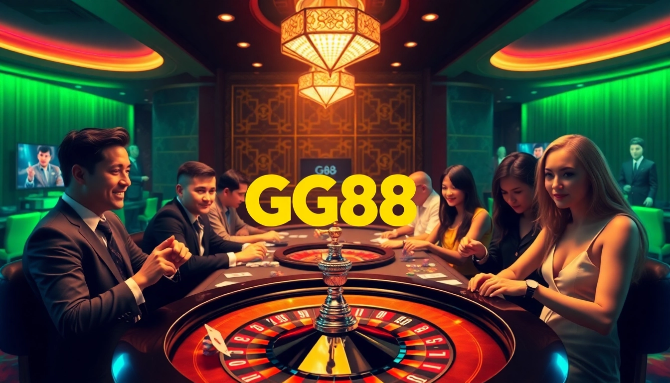 Players enjoying poker at GG88's luxurious casino table, surrounded by vibrant lighting and chips.