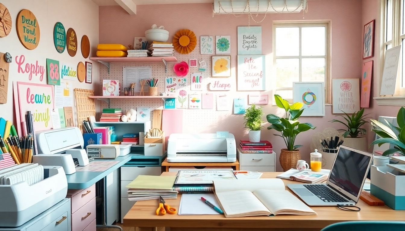 Creative workspace showcasing design bundles SVG with Cricut tools and vibrant crafts.