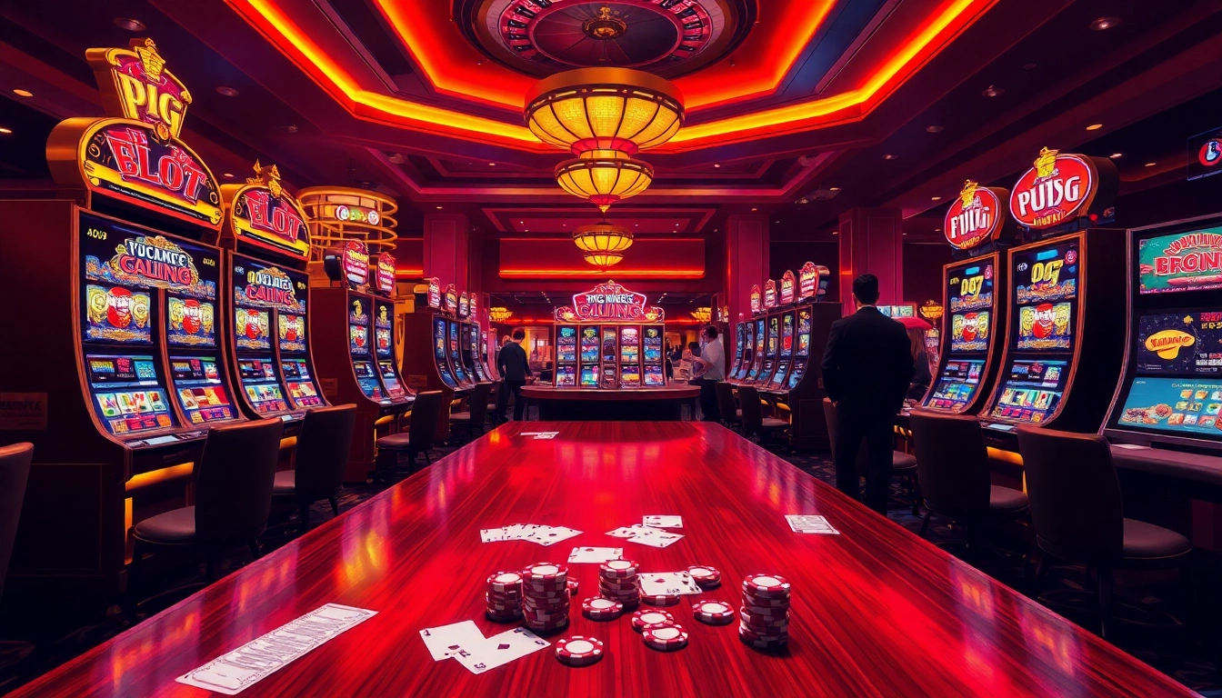 Engage with pg slot demo games in a vibrant casino atmosphere, featuring slot machines and poker tables.