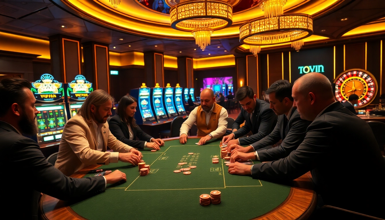 Topvin players enjoy an exciting poker game at a luxurious casino table, immersed in high stakes action.