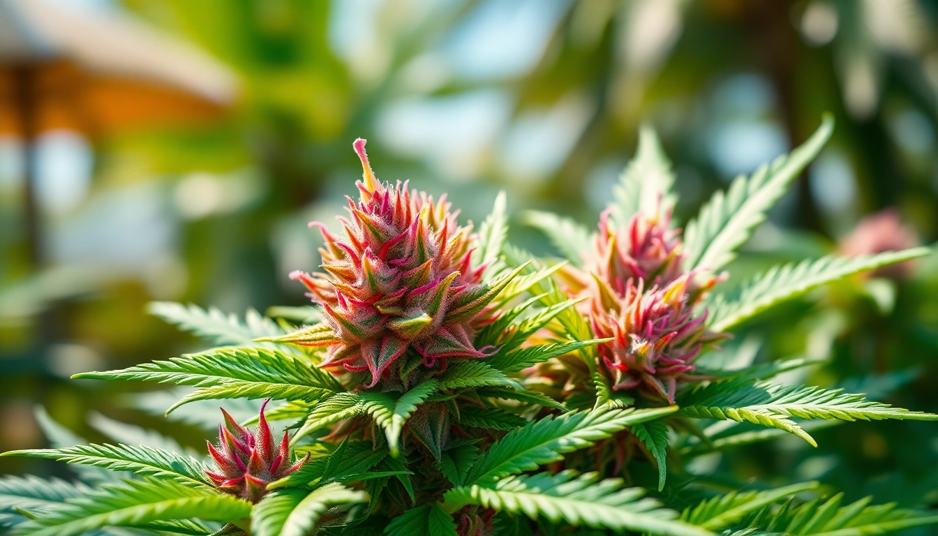 Experience the vibrant Miami Runtz strain featuring lush green leaves and colorful buds.