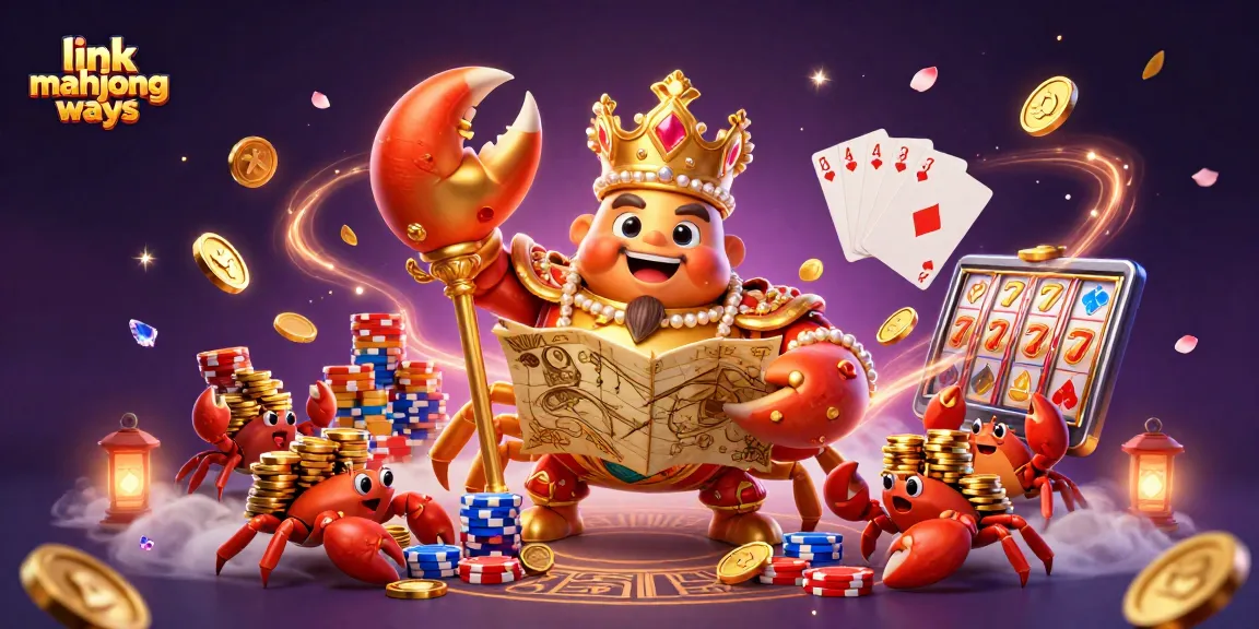 Experience the excitement of link mahjong ways with a 3D illustration featuring a golden crab emperor and casino elements.