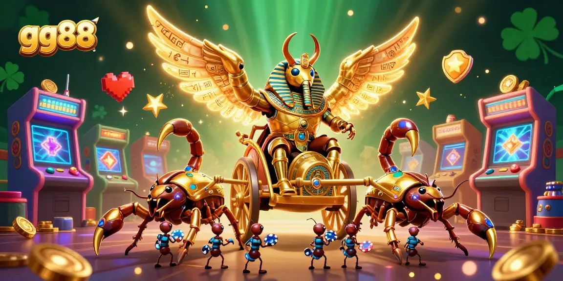 Experience thrilling gaming moments at gg88 with the golden beetle and scorpions in a vibrant casino illustration.