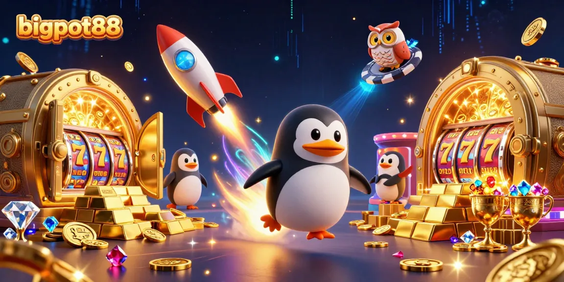 Bigpot88 showcases thrilling slots action with a golden penguin and treasure-filled casino